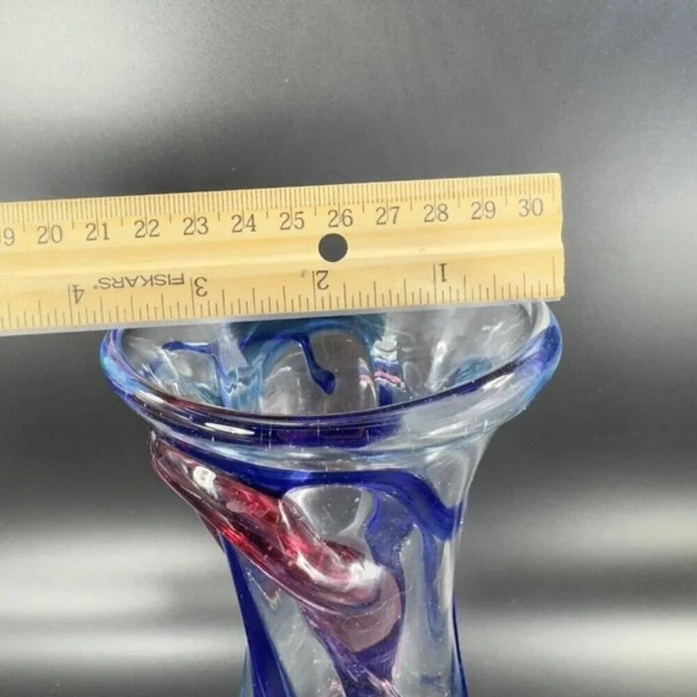 1997 Hand Blown Studio Art Glass Vase‎ Artist Signed JENN Multicolor Threads VTG